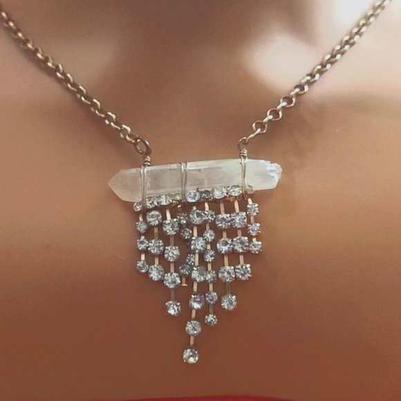 Handcrafted Crystal fringe rhinestone Rolo Brass chain Link long Boho Necklace - Picture 2 of 8